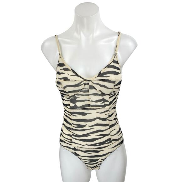 LOVE Stories Cece Cream Black Zebra Animal Print Sleeveless Bodysuit Tank Top S - Picture 1 of 3